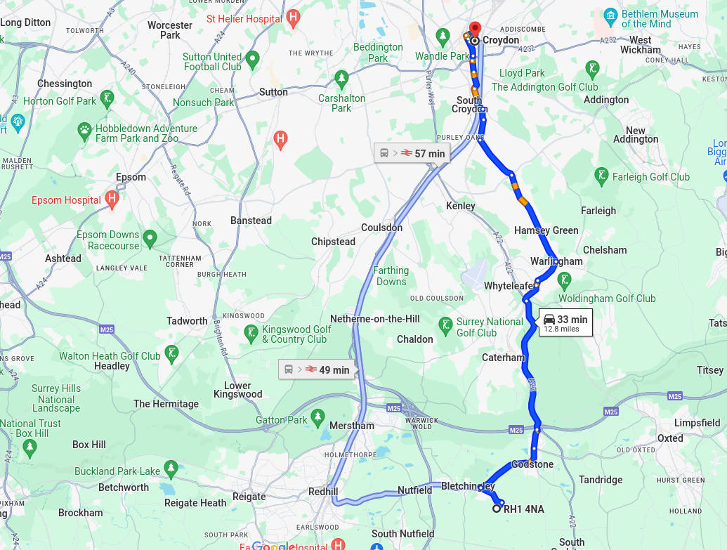 Map showing relationship between THS Homes Ltd and Croydon, Surrey