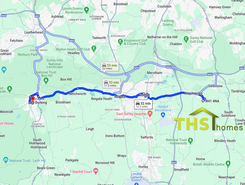 Map showing relationship between THS Homes Ltd and Dorking, Surrey