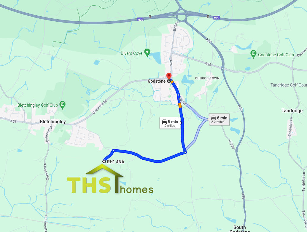 Map showing relationship between THS Homes Ltd and Godstone, Surrey