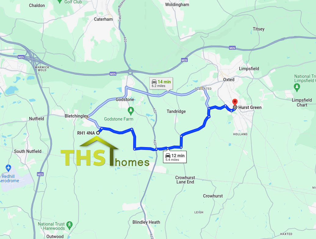 Map showing relationship between THS Homes Ltd and Hurst Green, Surrey