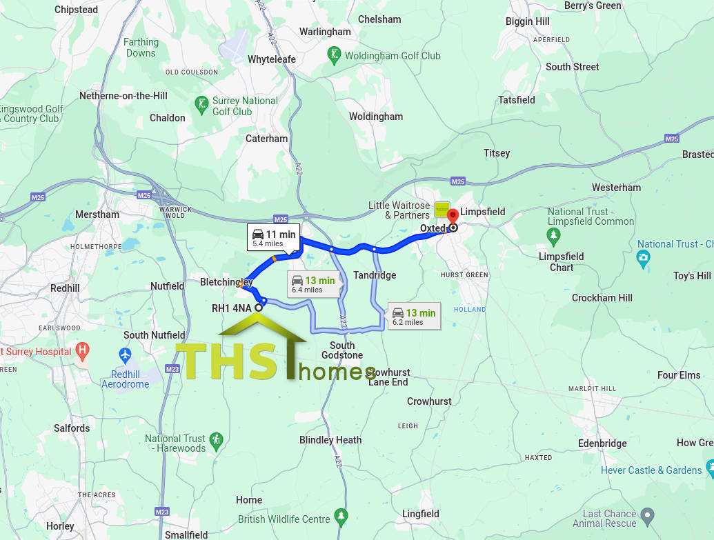 Map showing relationship between THS Homes Ltd and Oxted, Surrey