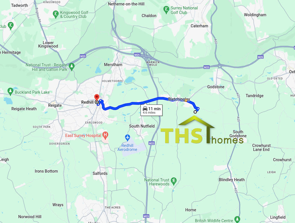 Map showing relationship between THS Homes Ltd and Redhill, Surrey