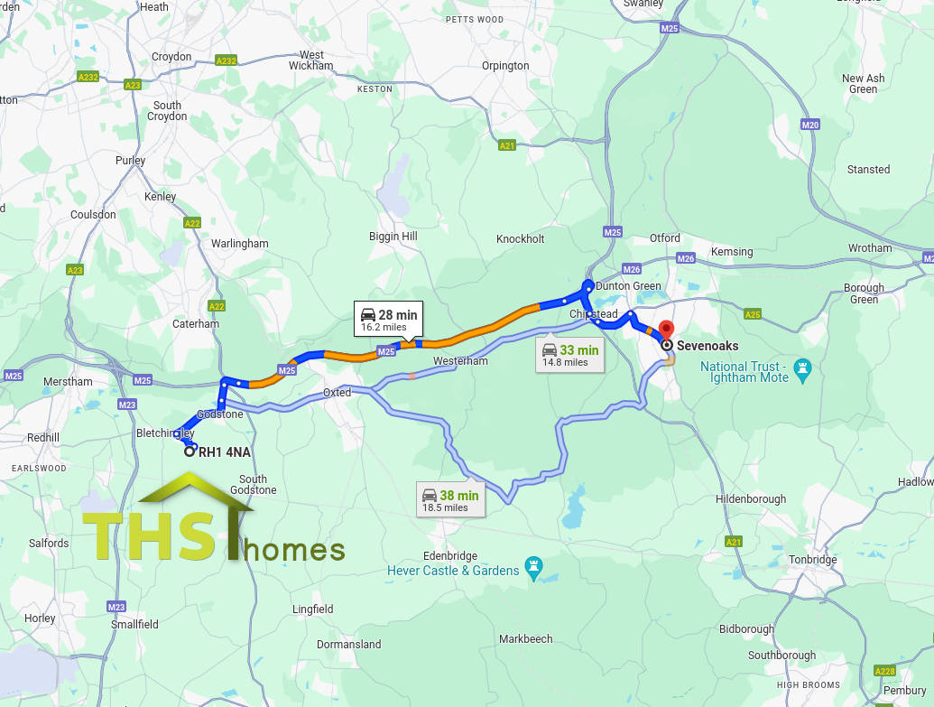 Map showing relationship between THS Homes Ltd and Sevenoaks, Kent